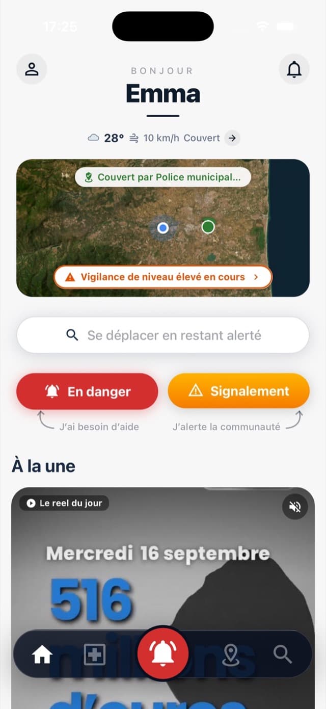ClickAlert app home screen: perimeter covered by a security team